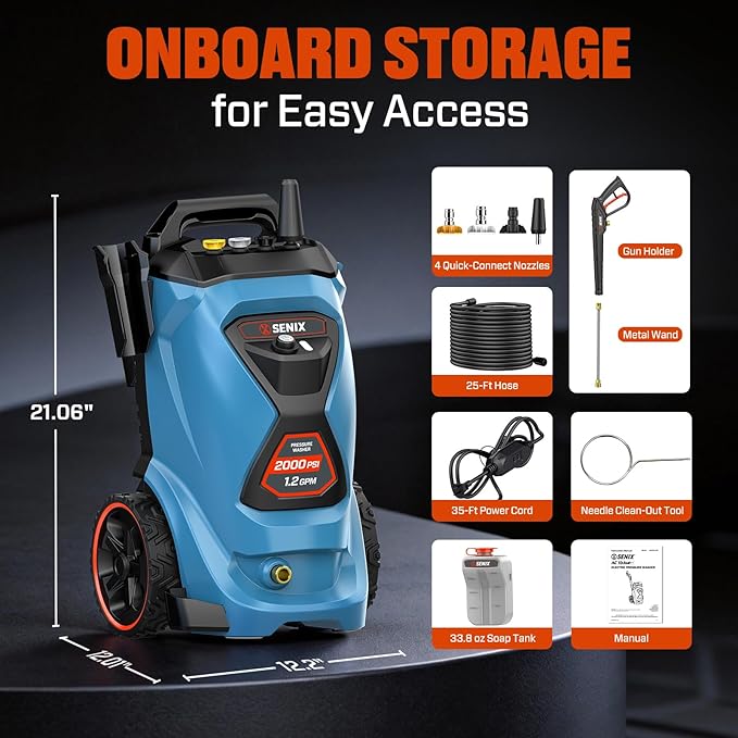 2000 PSI Electric Pressure Washer - 13 Amp, 1.2 GPM, Compact Design with 4 Quick-Connect Nozzles & Spray Gun - Includes 25 ft Hose and 35 ft Power Cord - Ideal for Cleaning Cars, Driveways, Patios