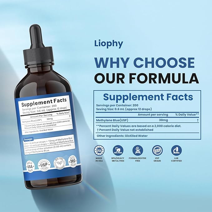 Methylene Blue Pharmaceutical Grade 5% Drops, 120 mL – High Purity 99.99% Methylene Blue for Humans, Formaldehyde and Alcohol Free (ups Grade)
