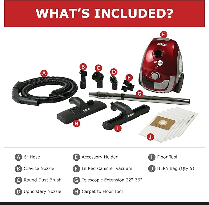 Atrix Red Lil Portable Canister Vacuum Cleaner – Premium Bundle with Extra Filters, Lightweight, 3-Stage HEPA Filtration, 2-Quart Bag, Variable Speed 1200W Motor, 16.5′ Auto-Retract Cord & Tools