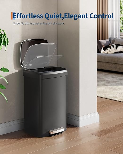 Garvee 13 Gal / 50L Large Plastic Trash Can for Kitchen, Step-On with Soft Close Lid, Liner Rim, Rustproof Garbage Bin, Rear Handle, Matte Black