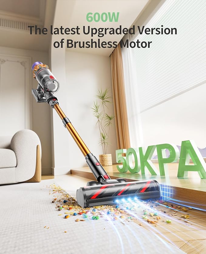 Cordless Vacuum Cleaner, 600W 50KPA 65Mins Cordless Stick Vacuum Cleaner With Touch Screen, Self-Standing,Wall Mount Charging, Handheld Vacuum Cleaners for Home/Pet Hair/Carpets/Hard Floors(X7A)