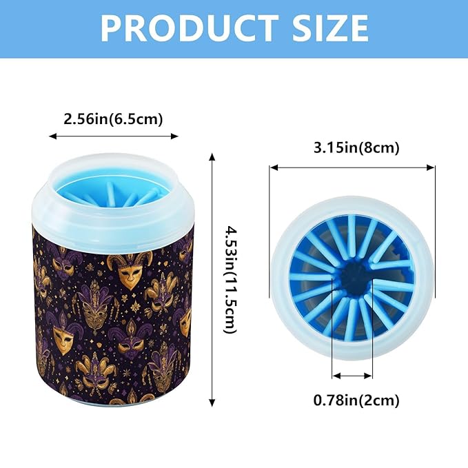 Dog Paw Cleaner Cups for Dogs Pets Foot Washer Paw Scrubber for Medium Small Cats Dogs Cute Cleaning Cup Purple Mardi Gras Mask Gold