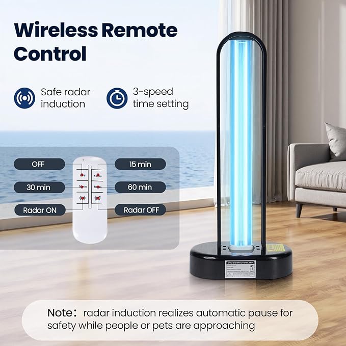 UV Light Sanitizer, 60W Ultraviolet Light with Ozone, UV Lamp with Remote Control & 3 Speed Timings, Home Disinfection Device, Dust Mites Remover, Ultraviolet Sanitizer for Room, Home, Hotel, Office