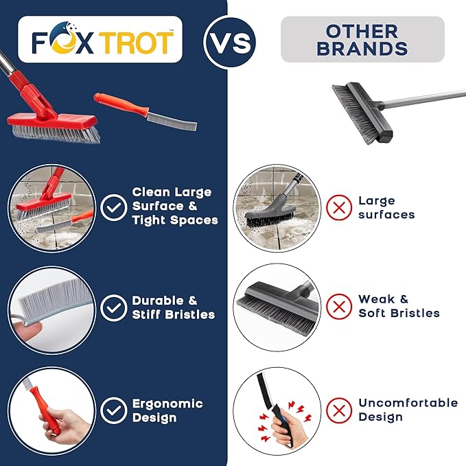 Grout Brush with Long Handle & Hard Bristle Crevice Cleaning Brush, Grout Cleaner for Tile Floors, Floor Scrubber for Tile Grout Line, Household Use, Multipurpose Gap Cleaning Tools by Foxtrot Living