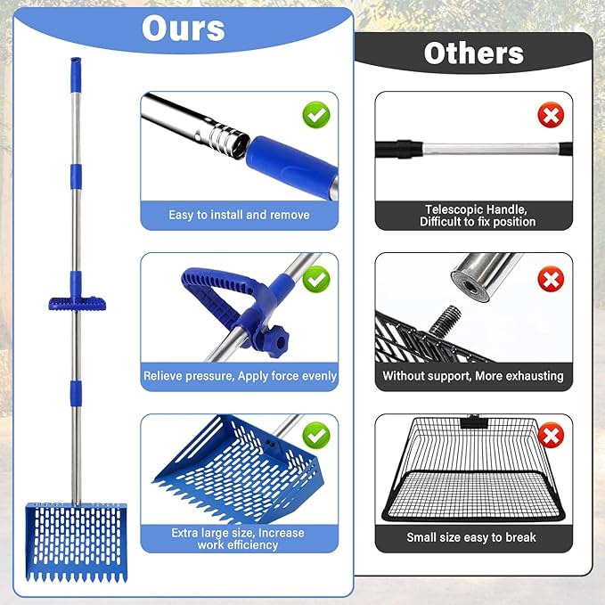 2-in-1 Chicken Poop Scooper & Rake, 10 Inch Coop Sand Sifting Shovel with 37" to 65" Adjustable Stainless Steel Handle, Litter Cleaning Tools with Gloves for Chicken Coop Farm Animals (Blue)