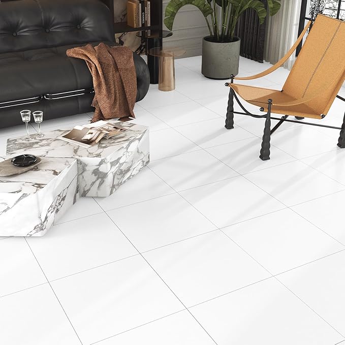 White Peel and Stick Floor Tile Vinly Flooring Tiles Bathroom Stick on Floor Tiles for Kitchen Bedroom Self Adhesive Removable Flooring Stickers 12''x12'' Waterproof & Durable Thick Tile Sheets 5PCS