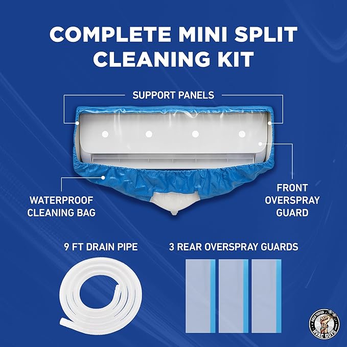 Mini Split Cleaning Bag | 360 Waterproof Design | Fits Systems 27in - 39in Long | Mini Split Cleaning Kit Includes Overspray Guards and Drain Hose