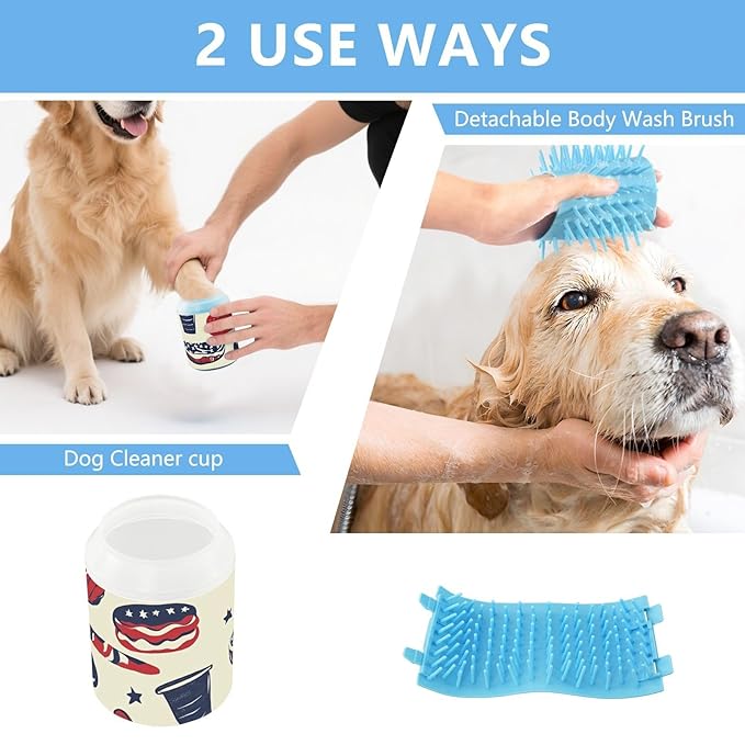 Dog Paw Cleaner Cups for Dogs Pet Foot Washer Paw Scrubber for Medium Small Dogs Cats Cleaning Cup 4th Of July Hamburgers Hot Dogs Barbecue Beige