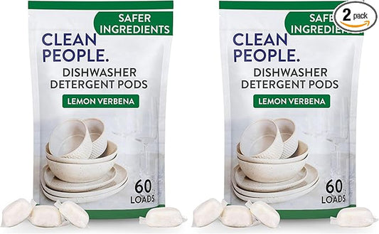The Clean People Dishwasher Pods - Cuts Grease & Rinses Sparkling Clean - Residue-Free - Phosphate Free Dishwashing Pods (60 Count, Lemon Verbena) (Pack of 2)