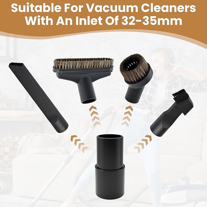 4Pcs Vacuum Attachments, 5.9 Inch Floor Brush 1-1/4 to 1-3/8 Inch Adapter, 25mm & 36mm Shop Round Dust Brushes for Standard Hose