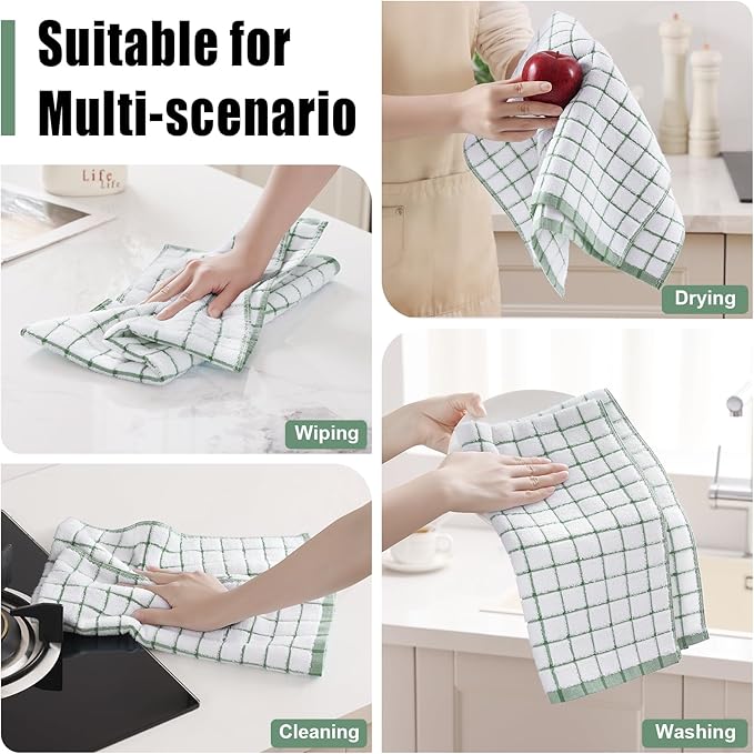 Homaxy Premium Kitchen Towels(16”x 28”, 6 Pack), Large Ring Spun Cotton Dish Towels, Super Absorbent Soft Terry Kitchen Hand Towels, Check Design Tea Towel Set with Hanging Loop, Grass Green