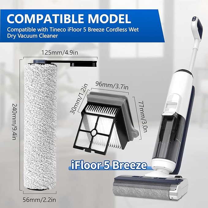 keluke Roller Brush and Filters Replacement Compatible with Tineco iFLOOR 5 Breeze Cordless Vacuum Cleaner,Replacement Parts Include 2 Brush Rollers, 4 Vac Filters