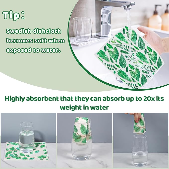 Needbrock 6 Pack Swedish Dishcloths for Kitchen, Swedish Rags Absorbent Green Leaf Dish Cloths Dish Towels with Adhesive Clips, Reusable Paper Towels No Odor for Cleaning Home Kitchen