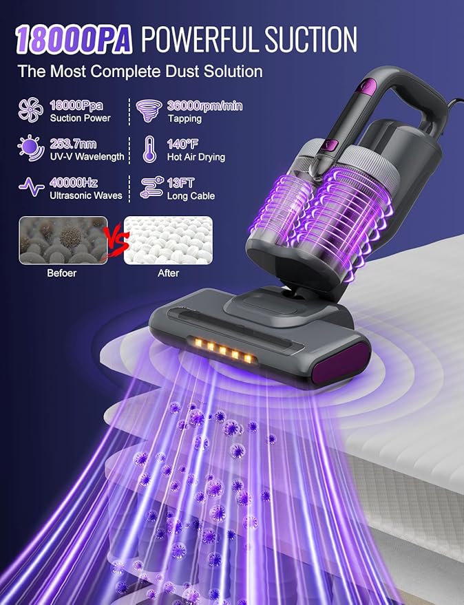 GHUSTAR Bed Mattress Vacuum Cleaner New Folding Design - 18 Kpa Cleaner Vacuum with HEPA Filter, 253.7nm UV-C Light and 140°F Heat - Powerful Handheld Vacuums for Bed Couch Crib Carpet