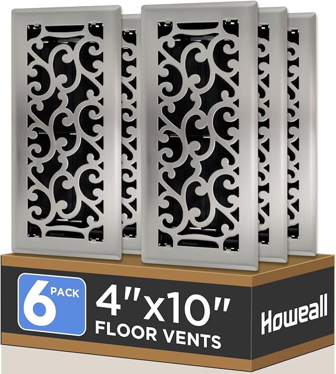 4x10 Inches 6 Pack Heavy Duty Walkable Floor Register - Easy Adjust Air Supply Lever Decorative Floor Vent Covers, Savannah Design Vent Covers for Home - Satin Nickel