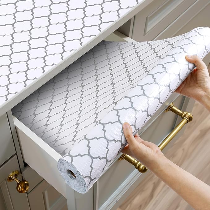 Shelf and Drawer Liner for Kitchen Cabinets Non-Adhesive, Strong Grip Non-Slip Thickened Cabinet Liners for Shelves, Waterproof Mats for Dresser Cupboard, White/Gray, 17 in x 30 Feet