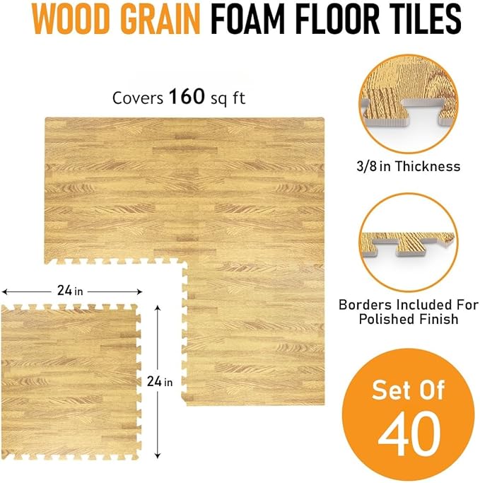HomeCube USA 3/8 Inch Thick Interlocking Medium Oak Foam Floor Tiles for Home, Office, Workout Equipment Space Commercial Areas Anti-Fatigue Flooring Padding 24x24 in, Medium Oak, 160 Sq Ft-40 Tiles