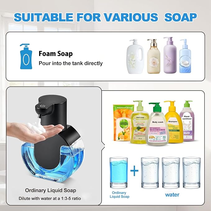 Foam soap Dispenser 15oz/420ml Foaming Hand Sanitizer Touchless Wall Mount with 4levels Adjustable Free Touch Electric Rechargeable with Sensor for bathrooms Kitchens Offices