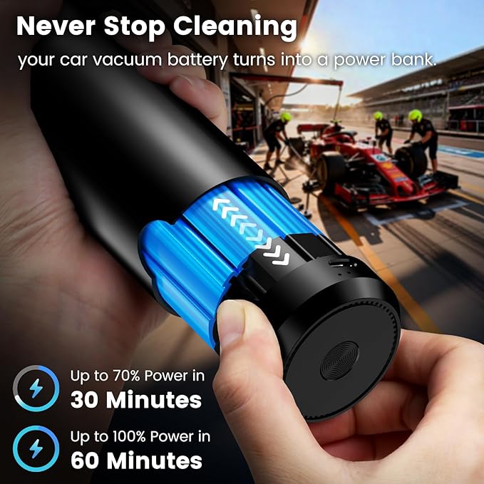 Cordless Car Vacuum Cleaner with Removable Battery as 35W Power Bank, 6-in-1 Handheld Vacuum Blower Set,18000PA Mini Vacuum Cleaner 6000mAH with Brushless Motor for Car Home -1 Batteries