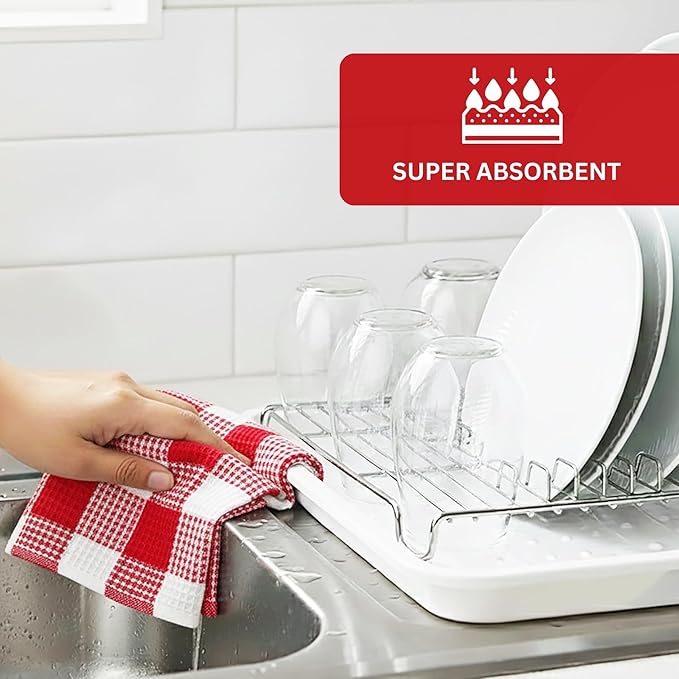 PurpleEssences 100% Cotton Waffle Weave Check Plaid Kitchen Towels, Super Soft and Absorbent Dish Towels for Drying Dishes 15x25-6 Pack - Christmas Holiday Winter - Red and White