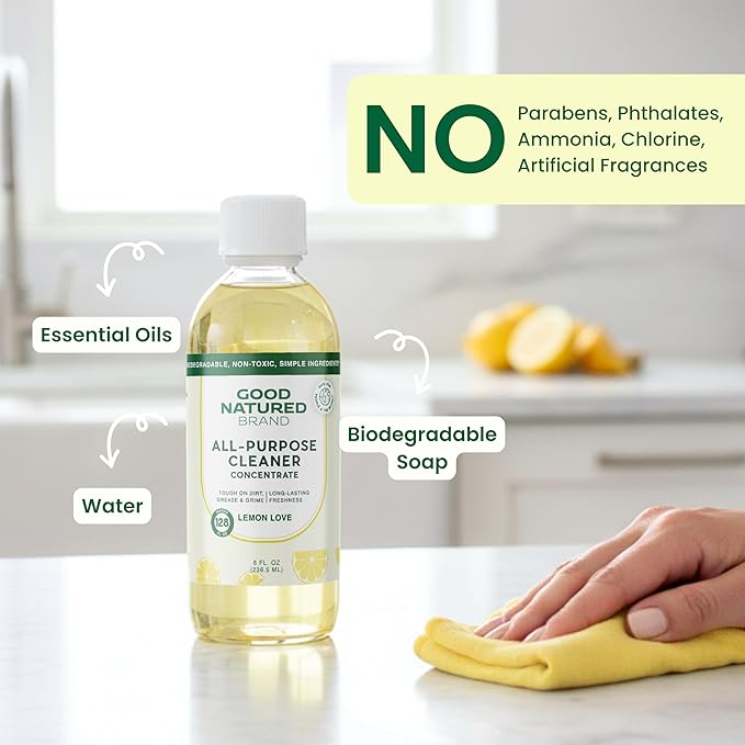 Good Natured Brand All-Purpose Cleaner Concentrate | Multi-Surface Cleaner | Natural Lemon Essential Oil | Multipurpose Cleaner Concentrate All Surfaces | Lemon Love | 8oz makes 128oz