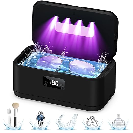 Ultrasonic Jewelry Cleaner, 50Khz Jewelry Cleaner Ultrasonic Machine for Jewelry, Eyeglasses, Rings, Watch Strap, Dentures, 24oz - 304 Stainless Steel Tank, Digital Timer, 5 Cleaning Modes(Black)