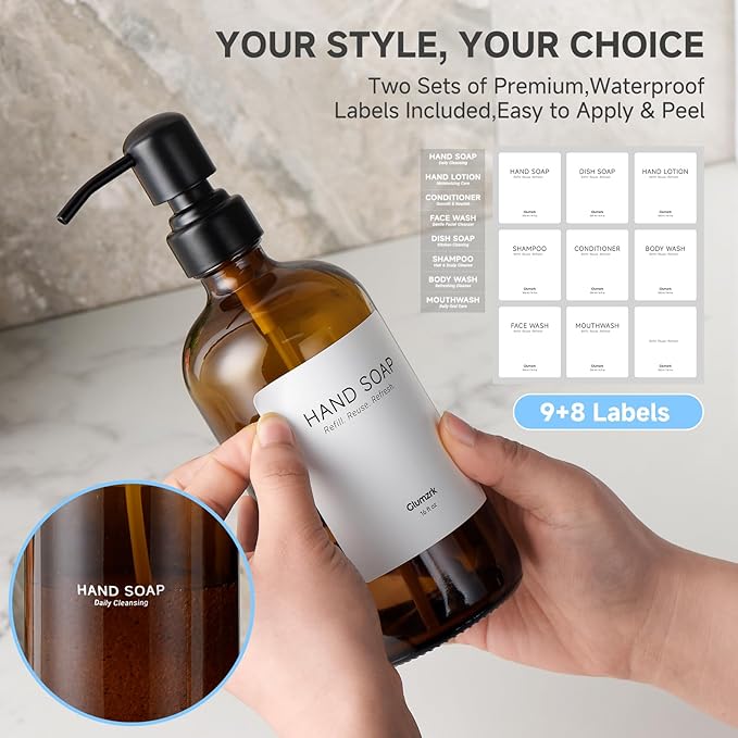 2 Pack Kitchen Soap Dispenser Set - 16oz Amber Glass Dish and Hand Soap Dispenser with Stainless Steel Pump, Instant Dry Tray, Dish Brush & Holder, Refillable Countertop Sink Decor for Kitchen & Bath