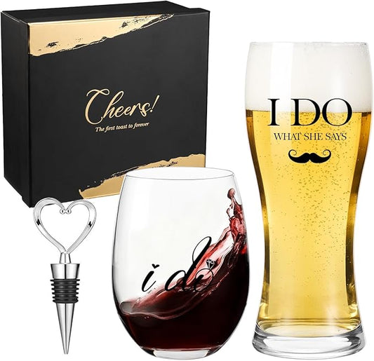 AW BRIDAL Wedding Gifts for Couples 2026, Mr and Mrs Wine Glasses and Beer Mug Set, Engagement Gift for the Couple, Bride and Groom Wedding Glasses with Wine Stopper, Bridal Shower Gifts for Bride