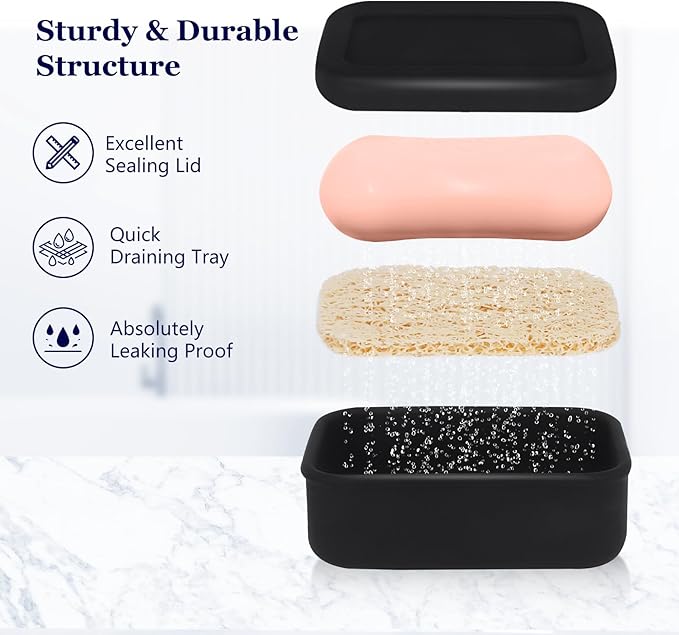 Leak Proof Silicone Travel Soap Case with Draining Tray - Bar Soap Holder for Travel, Gym & Camping - Mess-Free Portable Soap Container for Carry-on Bags (Black)
