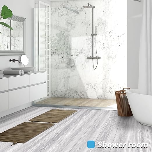 Art3d 60 Sq.ft Peel and Stick Floor Tiles, 40Pcs Luxury Vinyl Plank Flooring Wood Look, Adhesive and Waterproof Tile Sticker for Bedroom, Living Room, Kitchen, White/Grey