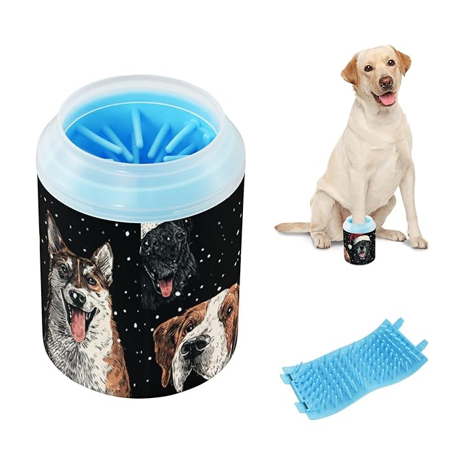 Dog Paw Cleaner Cups for Dogs Pet Foot Washer Paw Scrubber for Medium Small Dogs Cats Cleaning Cup Black Dog Christmas Hat Snow