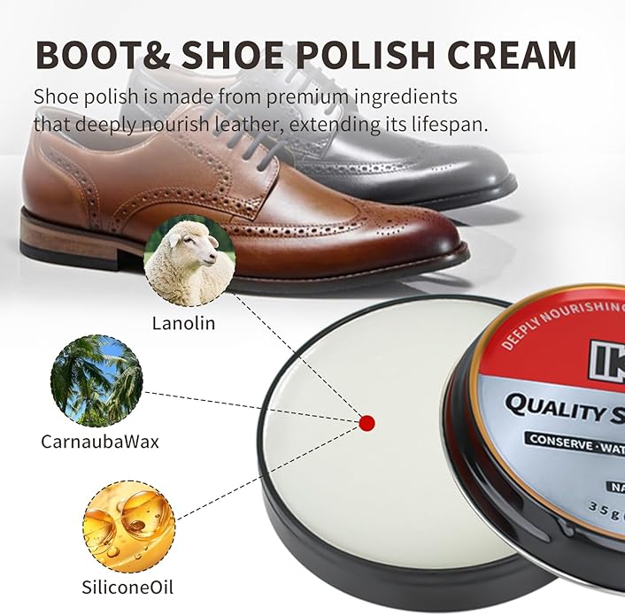 IKI Shoe Shine Polish Kit - 7PCS Leather Boot Care Kit with Black Shoe Polish Horsehair Brush Cloth Shoe Horn for Men