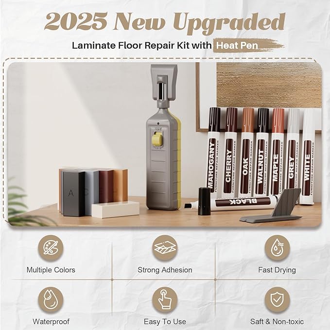 Hardwood Floor Repair Kit with Heat Pen, Laminate Vinyl Floor Repair Kit, 11 Colors Linoleum Floor Hard Wax Furniture Touch Up Marker Pen Scratches Repair Remover for Cracks,Holes,Door,Table,Cabinet