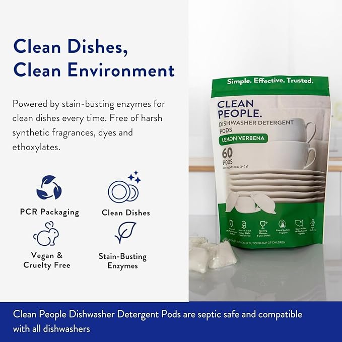 The Clean People Dishwasher Pods - Cuts Grease & Rinses Sparkling Clean - Residue-Free - Phosphate Free Dishwashing Pods (60 Count, Fragrance Free) (Pack of 2)