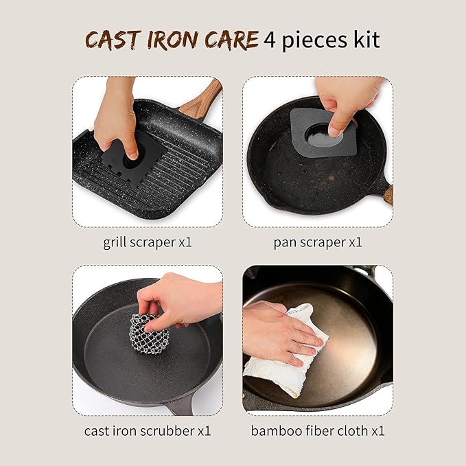 Herda Cast Iron Scrubber Scraper Tool Kit, 4Pieces Cast Iron Skillet Cleaner Cleaning Care Kit 316 Chain Mail Scrubber, Steel Skillet Brush Plastic Pan Scraper Set for Grill Griddle Pot Dish Food