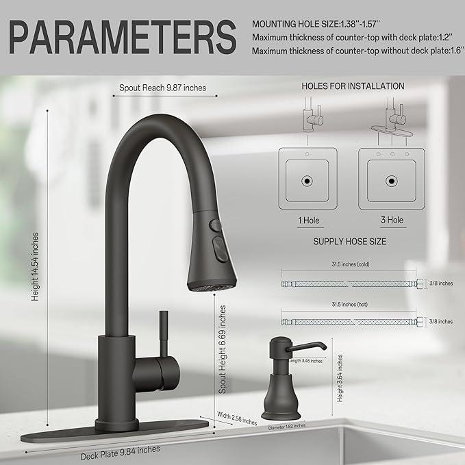 VXV Kitchen Faucet with Soap Dispenser, 3 Modes Kitchen Faucet with Pull Down Sprayer, Stainless Steel Sink Faucet for Farmhouse, Bar, and RV, with Deck Plate and 1/2'' Adapters