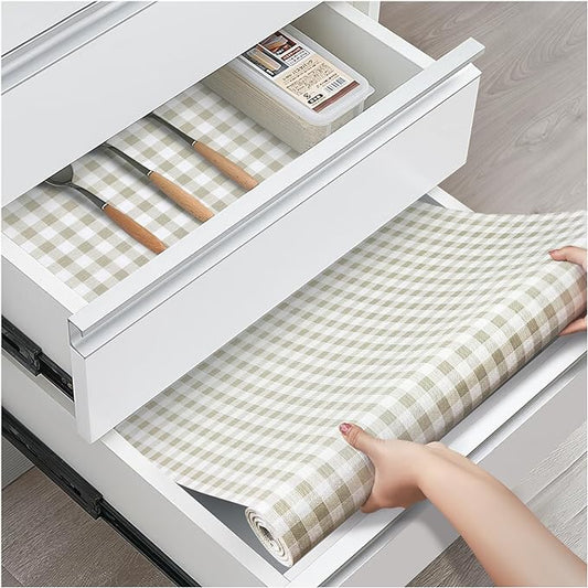 Drawer and Shelf Liner, Non-Slip Kitchen Cabinet Liners Non-Adhesive Thick Strong Grip Waterproof Washable Mats Protect Dresser Shelves Cupboard Bathroom Cabinets, Yellow Plaid, 12 in X 10 FT