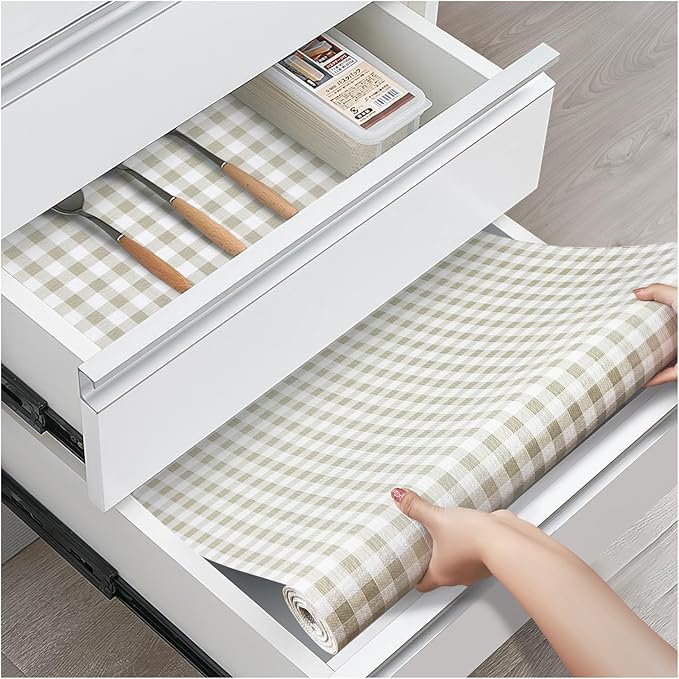 Drawer and Shelf Liner, Non-Slip Kitchen Cabinet Liners Non-Adhesive Thick Strong Grip Waterproof Washable Mats Protect Dresser Shelves Cupboard Bathroom Cabinets, Yellow Plaid, 24 in X 20 FT