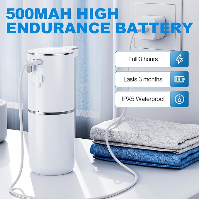 Automatic Foaming Soap Dispenser, 12.8oz/380ml Wall Mount Touchless Soap Dispenser with Sensor, 4-Level Adjustable, IPX5 Waterproof, USB Rechargeable for Bathroom, Kitchen