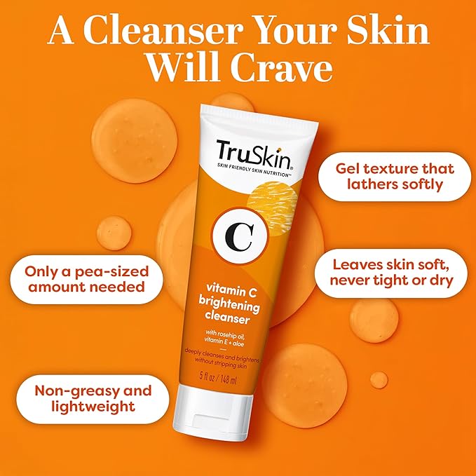 TruSkin Vitamin C Face Wash Cleanser - Brightening Facial Cleanser with Vitamins C & E, Rosehip Oil, Aloe Vera & MSM - Gently Cleanses, Refreshes & Supports Radiant Skin - 5 fl oz