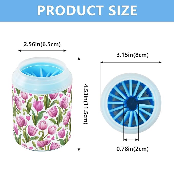 Dog Paw Cleaner Cups for Dogs Pets Foot Washer Paw Scrubber for Medium Small Cats Dogs Cute Cleaning Cup Romantic Pink Tulips and Hearts