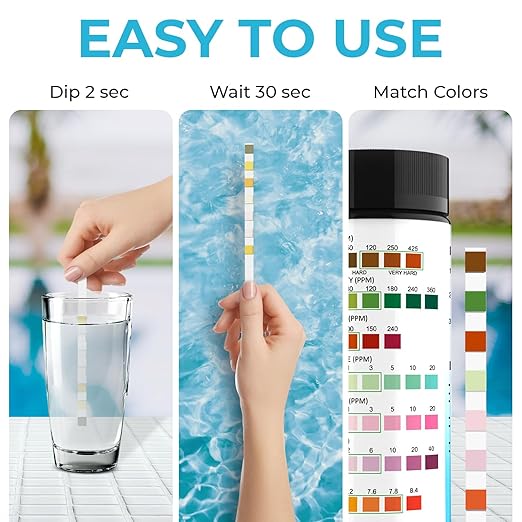 7-Way Pool Test Strips, 100 Strips Water Chemical Testing for Hot tub and Spa, Accurate Test Bromine, Total Alkalinity, pH, Free Chlorine, Total Hardness, Cyanuric Acid, and Total Chlorine
