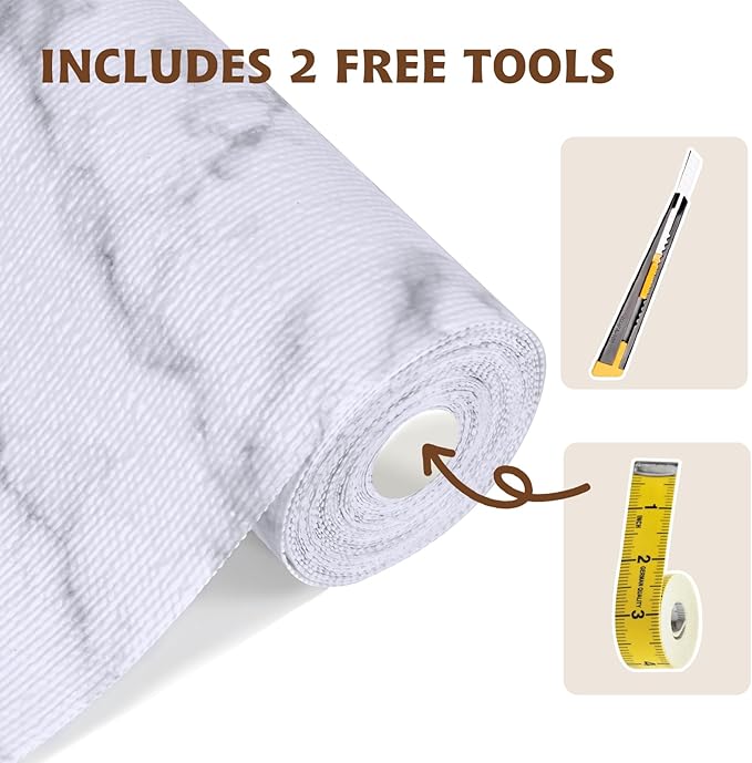 Shelf Liners for Kitchen Cabinets 12in x 10FT, Non Adhesive Drawer Liner Marble Pattern Thickened Shelf Liner Non-Slip Easy to Clean for Tool Box Refrigerator with Knife and Tape Measure
