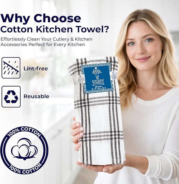 DAN RIVER Premium Kitchen Towels - [Pack of 6] 100% Cotton (16 x 26 Inches) -Super Soft,Highly Absorbent, Quick Dry, Dish Towels for Kitchen Towels -Black