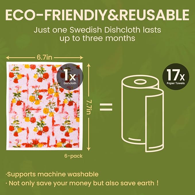 Swedish Dishcloths for Kitchen Reusable 6 Pack Kitchen Towels No Odor Quick-Drying Reusable Paper Towels Reusable Paper Towels Washable for Countertop, Sink, and Kitchen Rose