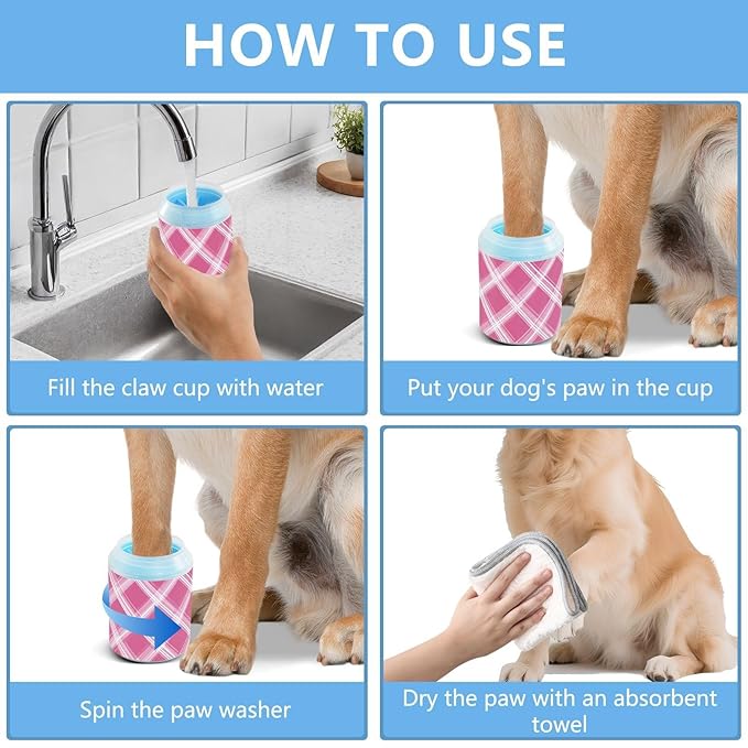 Dog Paw Cleaner Cups for Dogs Pet Foot Washer Paw Scrubber for Small Medium Large Dogs Cats Cleaning Cup Pink White Checkered Pattern