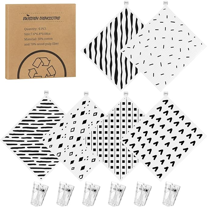 6 Pack Swedish Dishcloths for Kitchen,Swedish Rags Dish Towels with Clips, Reusable Paper Towels Washable Absorbent Cellulose Sponge Cloths No Odor for Cleaning Kitchen Valentines Gifts for Women