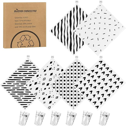6 Pack Swedish Dishcloths for Kitchen,Swedish Rags Dish Towels with Clips, Reusable Paper Towels Washable Absorbent Cellulose Sponge Cloths No Odor for Cleaning Kitchen Valentines Gifts for Women