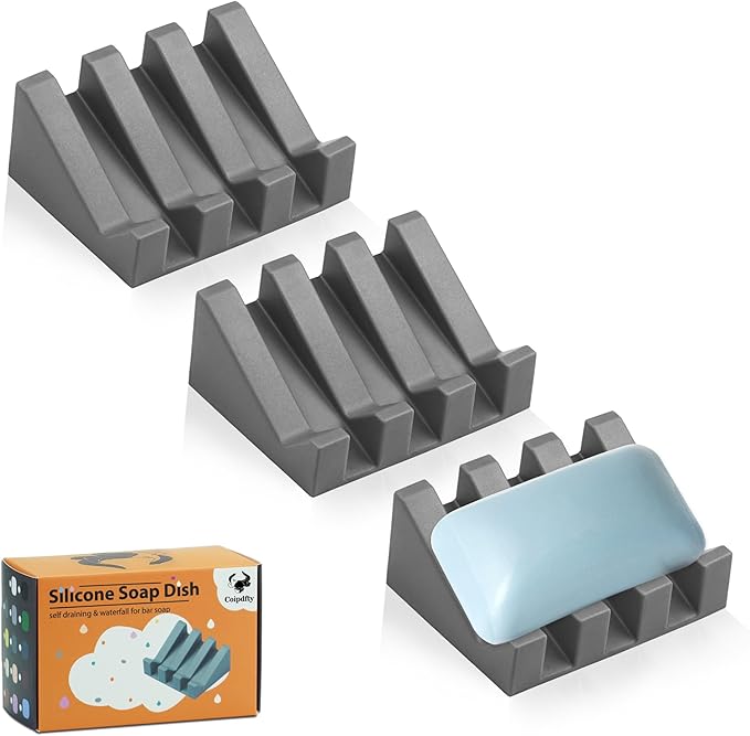 Self Draining Soap Dish Holder,Silicone Soap Dish,for Bathroom,Kitchen, Sponges，Can Extend Soap Life，Keep Soap Bars Dry and Easy Cleaning (Grey,3-Pack)