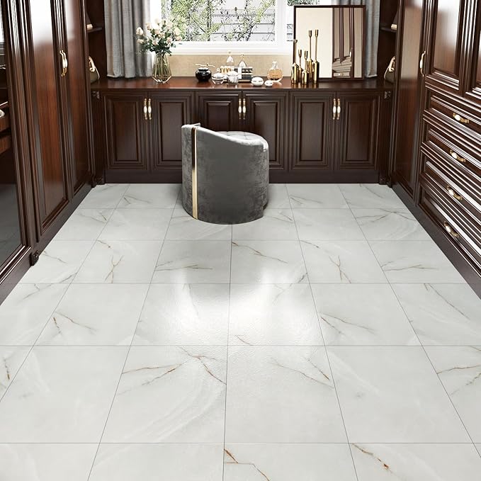 Gray/White Marble Vinyl Flooring Peel and Stick Floor Tile 12''x12'' Waterproof Flooring Planks Self Adhesive Thick Sticky Tiles for Kitchen Bathroom Stick on Floor Tile for Bedroom Basement 16-Sheets